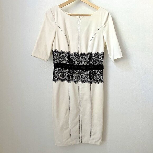 JAX ivory black label lace faux corset body con knee length sheath dress sz 8 - Picture 1 of 5